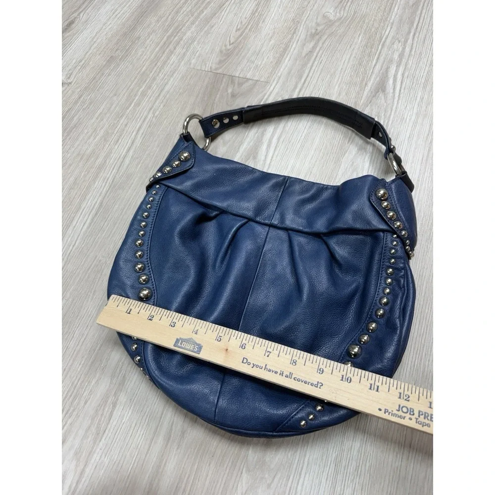 B Makowsky Blue Pebbled 100% Genuine Leather Studded Hobo Bag Purse Grunge Punk